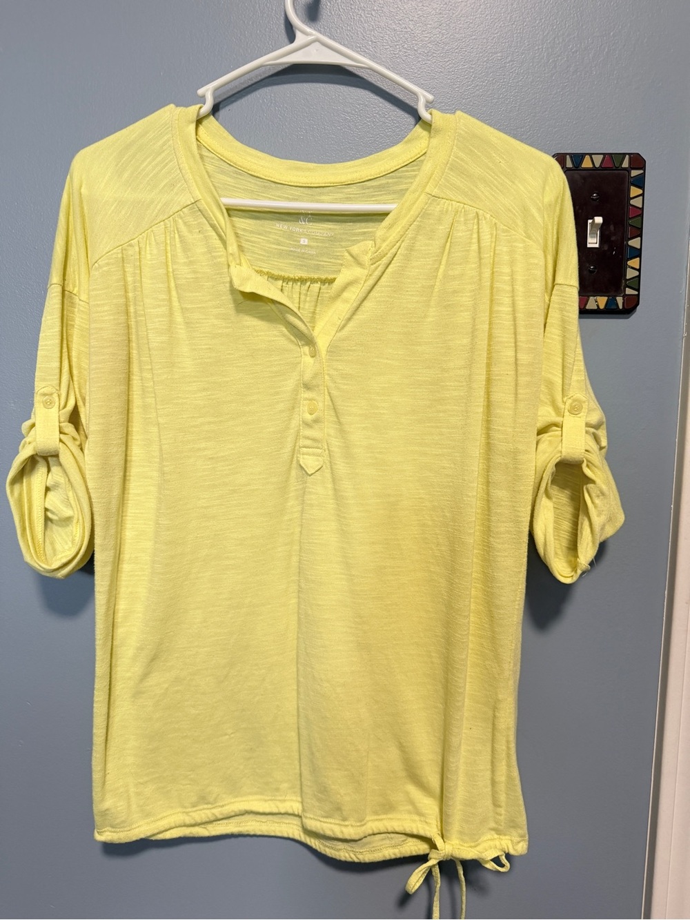 New York & Company Lemon Yellow Roll-Tab Henley Tunic